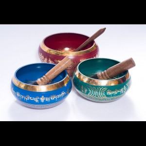 Colored singing bowls from Dharamsala